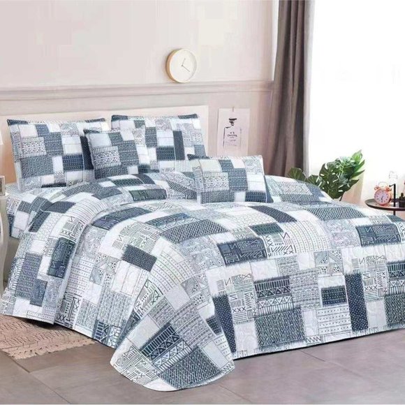 Geometric Pattern Quilted Bedspread Set Bedspreads Queen Size King Quilt - Gray - Picture 5 of 5